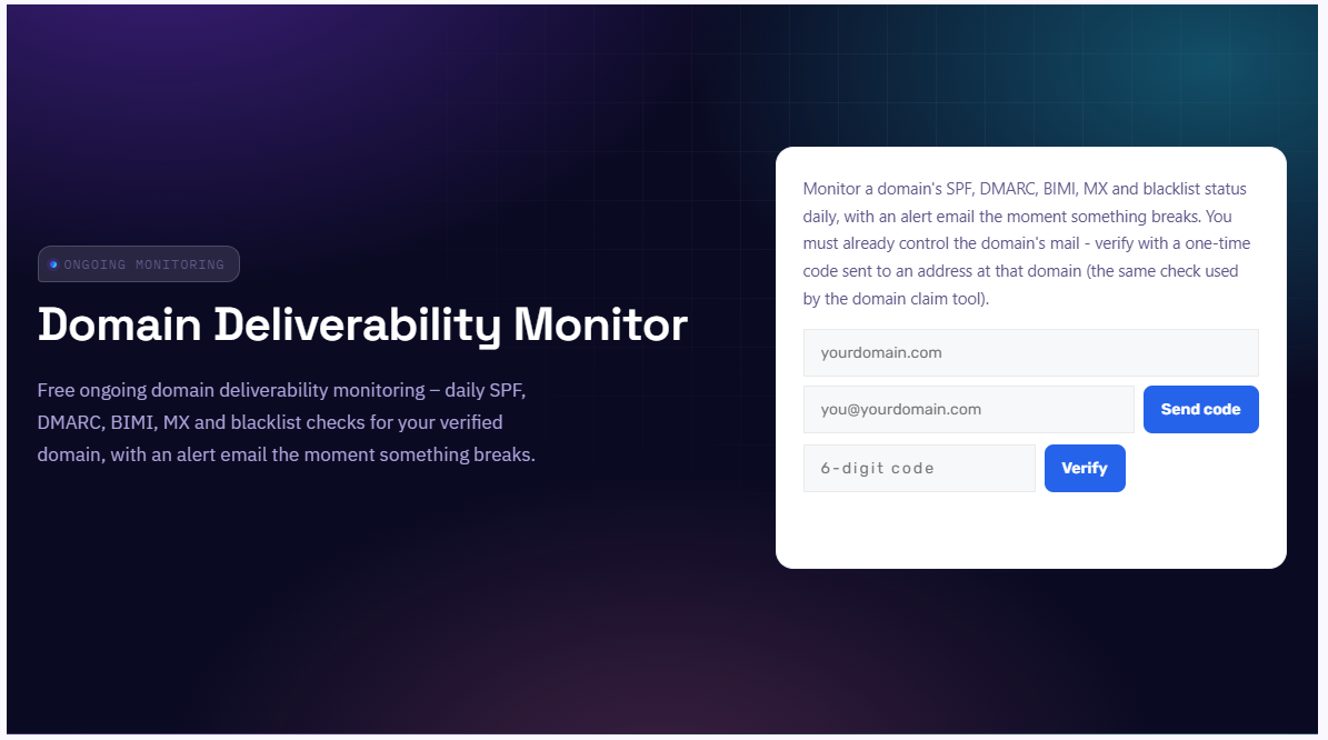 Screenshot of the Domain Deliverability Monitor tool