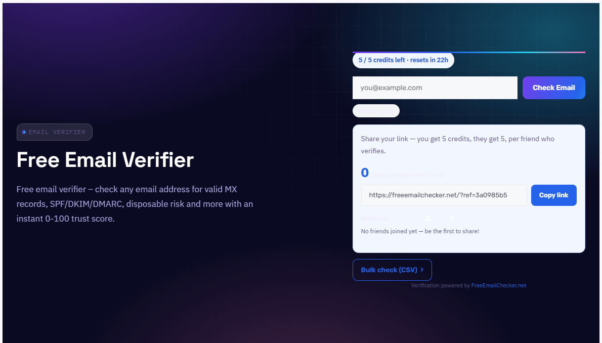 Screenshot of the Free Email Checker email verification tool